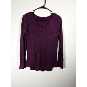 FREE PEOPLE Burgundy Floral Thermal Long Sleeve V Neck Top Womens Size S